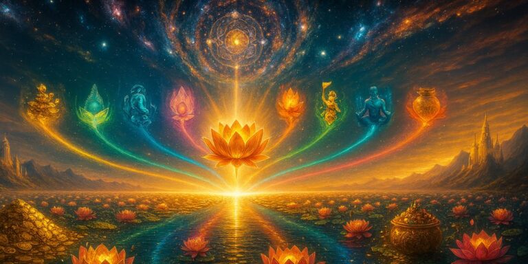 Surreal cosmic landscape with glowing lotus and seven radiant chakra-like figures above, symbolizing divine energy and spiritual harmony in Asht Laxmi Stotra.