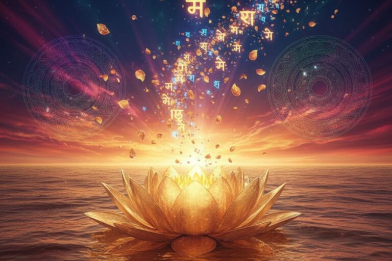 Mystical golden lotus floating at sunset, with celestial symbols rising skyward — visualizing the transcendence evoked by 108 names of Devi Laxmi