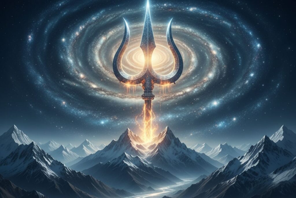 Cosmic trident of light emerging from a Himalayan peak under a starry sky, channeling divine energy and symbolizing the power of 108 names of mahadev in hindi.