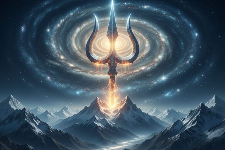 Cosmic trident of light emerging from a Himalayan peak under a starry sky, channeling divine energy and symbolizing the power of 108 names of mahadev in hindi.