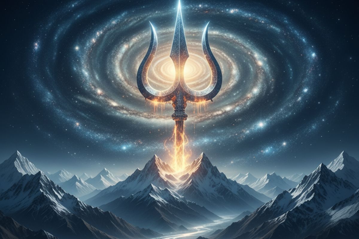 Cosmic trident of light emerging from a Himalayan peak under a starry sky, channeling divine energy and symbolizing the power of 108 names of mahadev in hindi.