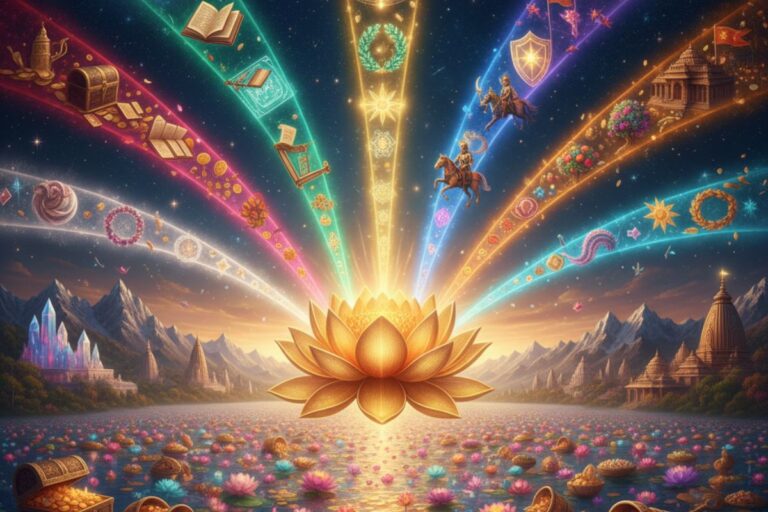 Surreal cosmic landscape with a glowing golden path and radiant lotus field, symbolizing the divine journey of Sri Suktam toward spiritual abundance.