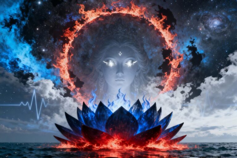 Mystical cosmic scene symbolizing the 108 names of Maa Kali in Hindi — a radiant lotus rises from dark waters beneath a fiery celestial ring, where a divine face with glowing eyes emerges from swirling clouds and galaxies, evoking transformation and spiritual awakening.