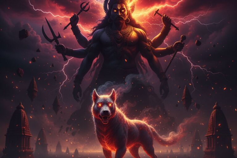 Multi-armed cosmic Bhairav with glowing weapons and celestial hound, radiating divine wrath and protection—symbolizing the 108 Names of Bhairav in Hindi.