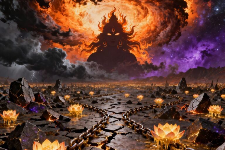 Surreal cosmic battlefield evoking the 108 names of Maa Kali in hindi— a fiery goddess face emerges from a vortex of shadows above molten stone, where broken chains melt into glowing lotus blooms, symbolizing liberation and divine transformation.