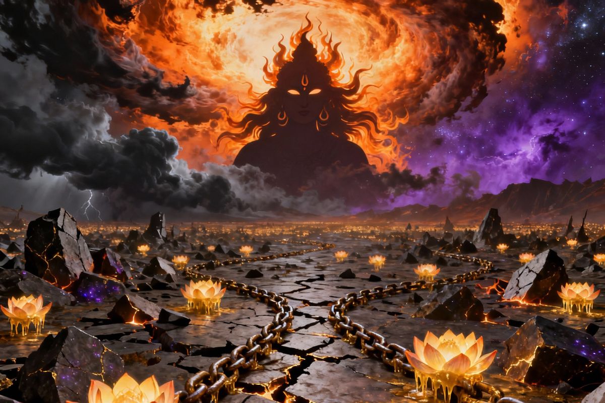 Surreal cosmic battlefield evoking the 108 names of Maa Kali in hindi— a fiery goddess face emerges from a vortex of shadows above molten stone, where broken chains melt into glowing lotus blooms, symbolizing liberation and divine transformation.