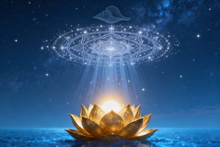 Celestial artwork depicting a golden lotus beneath a starry sky, with divine light, mandala patterns, and a floating conch shell — symbolizing cosmic harmony and spiritual awakening through the 108 names of Vishnu in hindi