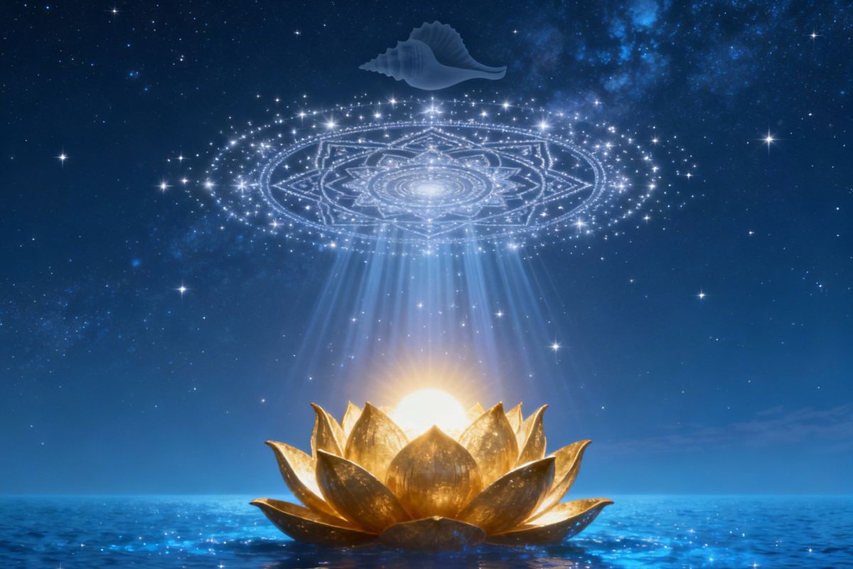 Celestial artwork depicting a golden lotus beneath a starry sky, with divine light, mandala patterns, and a floating conch shell — symbolizing cosmic harmony and spiritual awakening through the 108 names of Vishnu in hindi