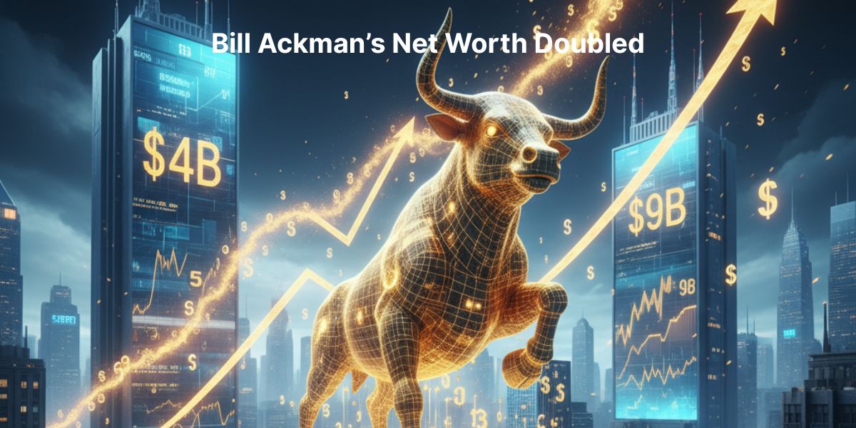 A glowing bull charges forward through a futuristic cityscape, surrounded by financial graphs and skyscrapers marked $4B and $9B — visually representing how Bill Ackman doubled his net worth through bold market moves and strategic investing.