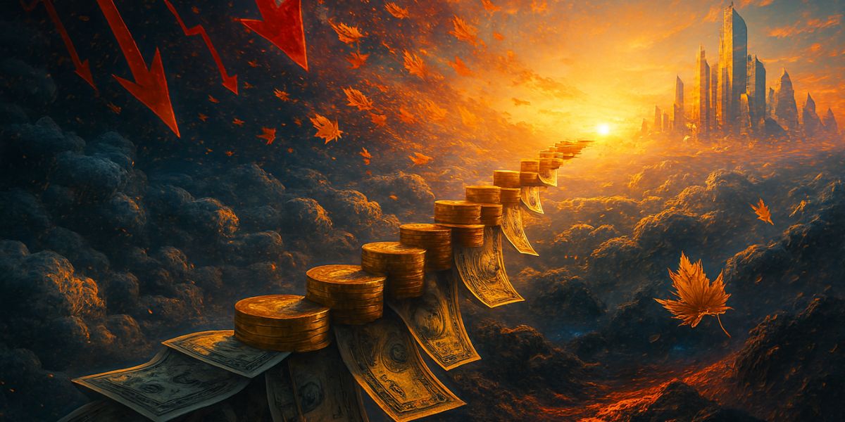 “Golden staircase made of coins and dollar bills rising above stormy clouds of inflation, leading toward a radiant autumn skyline of futuristic currency skyscrapers—symbolizing strategic money moves before Fall 2025 to overcome economic turbulence and reach financial prosperity.”