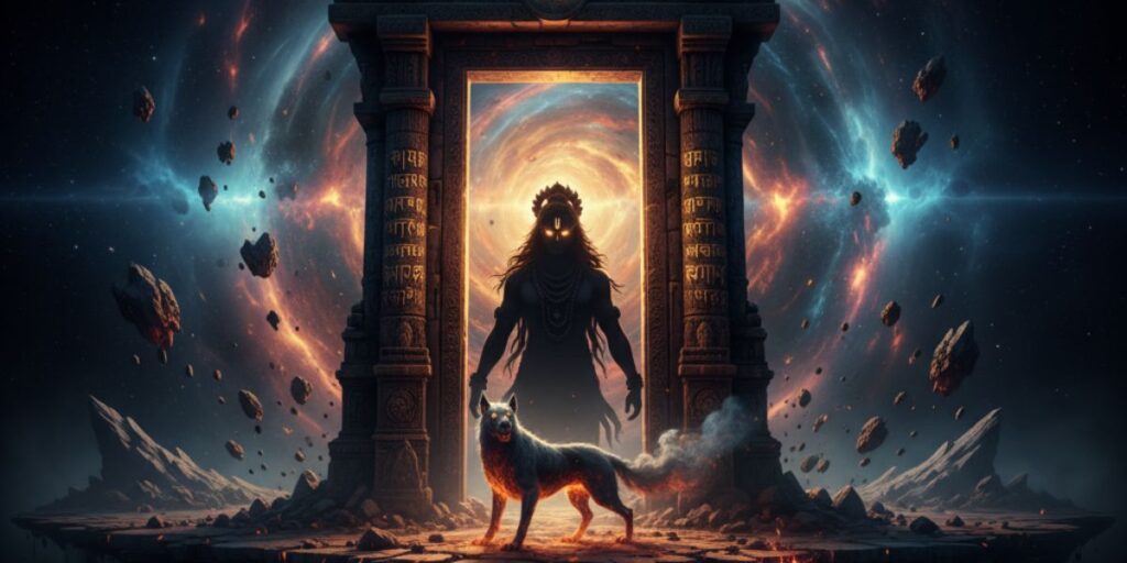 Surreal cosmic portal with Bhairav’s silhouette emerging from swirling galaxies, guarded by a celestial wolf—symbolizing the 108 Names of Bhairav.