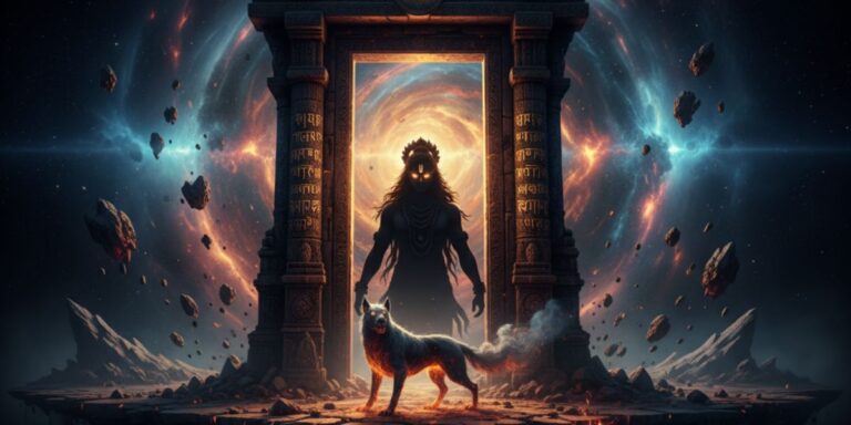 Surreal cosmic portal with Bhairav’s silhouette emerging from swirling galaxies, guarded by a celestial wolf—symbolizing the 108 Names of Bhairav.