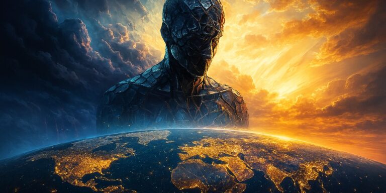 Colossal human silhouette made of fractured glass rising above a glowing world map, with storm clouds dissolving into golden rays—symbolizing mental health in the spotlight as a global crisis affecting billions, yet illuminated by hope and connection."
