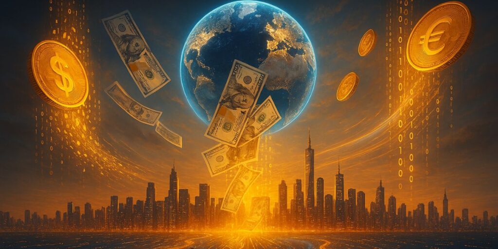 Futuristic city skyline glowing with digital light as golden coins and banknotes dissolve into streams of holographic data rising toward a radiant globe. Symbolizes CBDC news and global digital currency trends shaping the future of money, with abstract blockchain patterns blending seamlessly into realistic architecture.