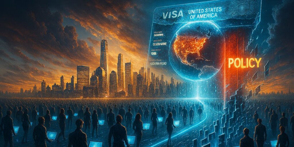 "Futuristic digital city glowing with innovation beneath a hovering U.S. visa document, as streams of global tech professionals with laptops flow toward the skyline—some passing through, others blocked by fragmented barriers—symbolizing the impact of H1B visa policy changes on the global talent pool and tech industry."