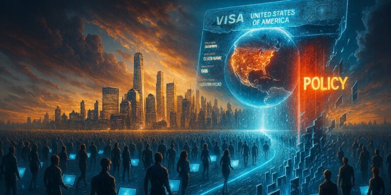 "Futuristic digital city glowing with innovation beneath a hovering U.S. visa document, as streams of global tech professionals with laptops flow toward the skyline—some passing through, others blocked by fragmented barriers—symbolizing the impact of H1B visa policy changes on the global talent pool and tech industry."