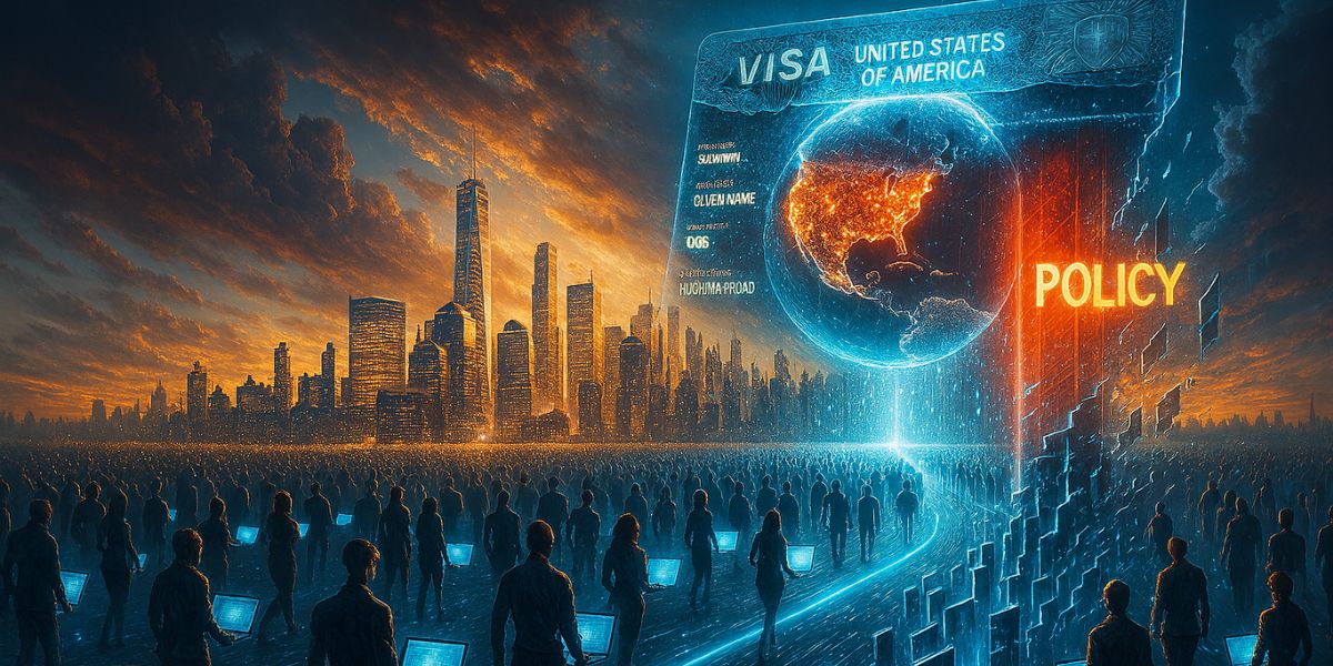 "Futuristic digital city glowing with innovation beneath a hovering U.S. visa document, as streams of global tech professionals with laptops flow toward the skyline—some passing through, others blocked by fragmented barriers—symbolizing the impact of H1B visa policy changes on the global talent pool and tech industry."