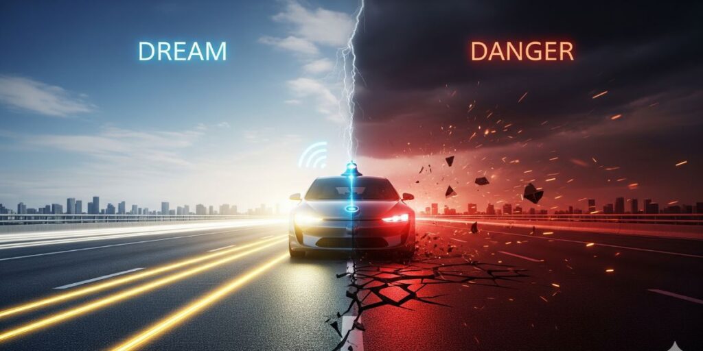 A surreal image of an autonomous vehicle on a road split between safety and danger, symbolizing the duality of autonomous vehicles