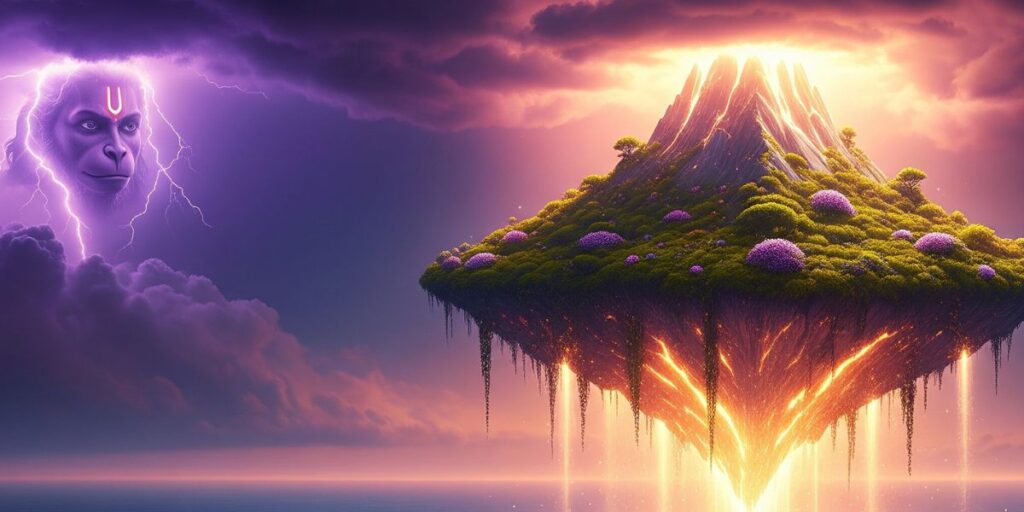 A mystical floating island glows beneath a ghostly sky, symbolizing divine mystery and cosmic strength — a surreal tribute to 108 names of Hanuman in Hindi.