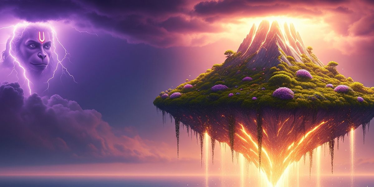A mystical floating island glows beneath a ghostly sky, symbolizing divine mystery and cosmic strength — a surreal tribute to 108 names of Hanuman in Hindi.