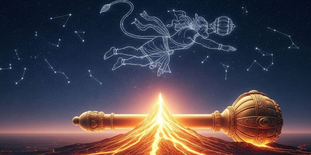 A celestial Hanuman figure rises above a glowing golden mace and fiery peak, symbolizing divine strength and cosmic energy behind the 108 names of Hanuman in hindi.