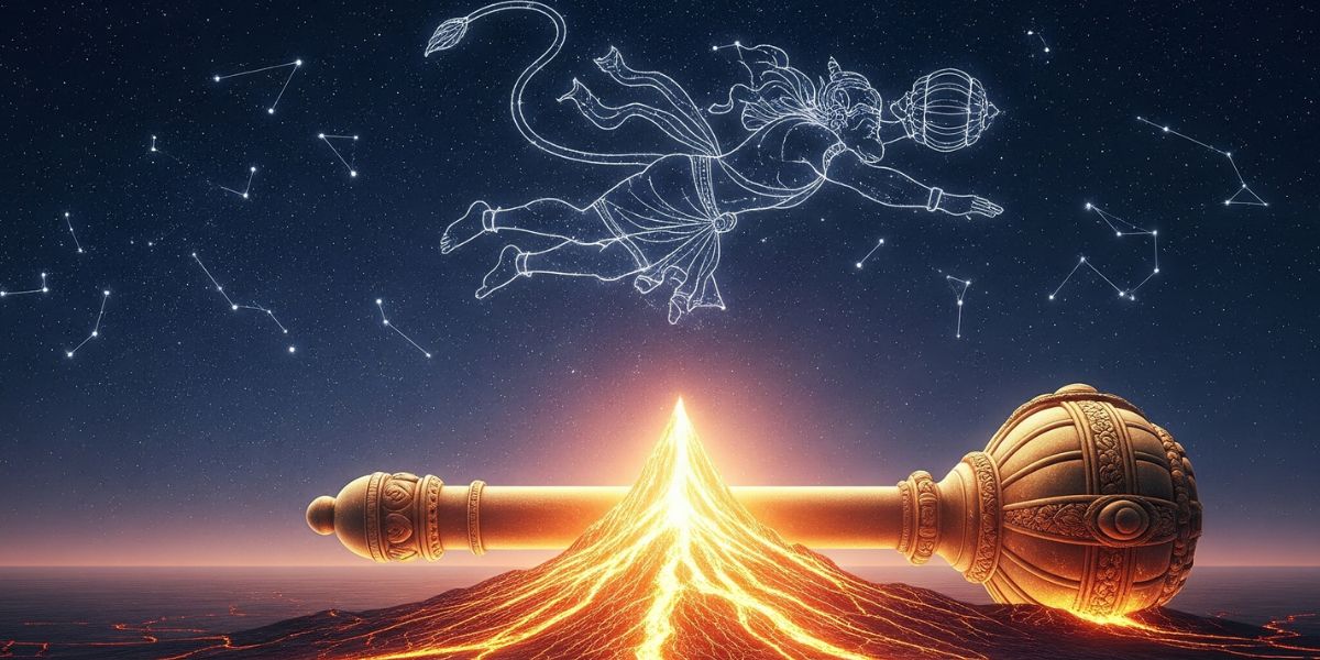 A celestial Hanuman figure rises above a glowing golden mace and fiery peak, symbolizing divine strength and cosmic energy behind the 108 names of Hanuman in hindi.