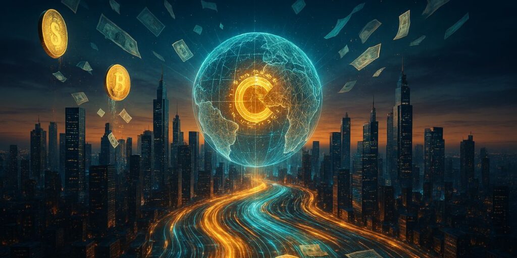 Surreal futuristic cityscape with glowing digital rivers, dissolving currency, and a radiant blockchain globe symbolizing CBDC news central bank digital currency update.”