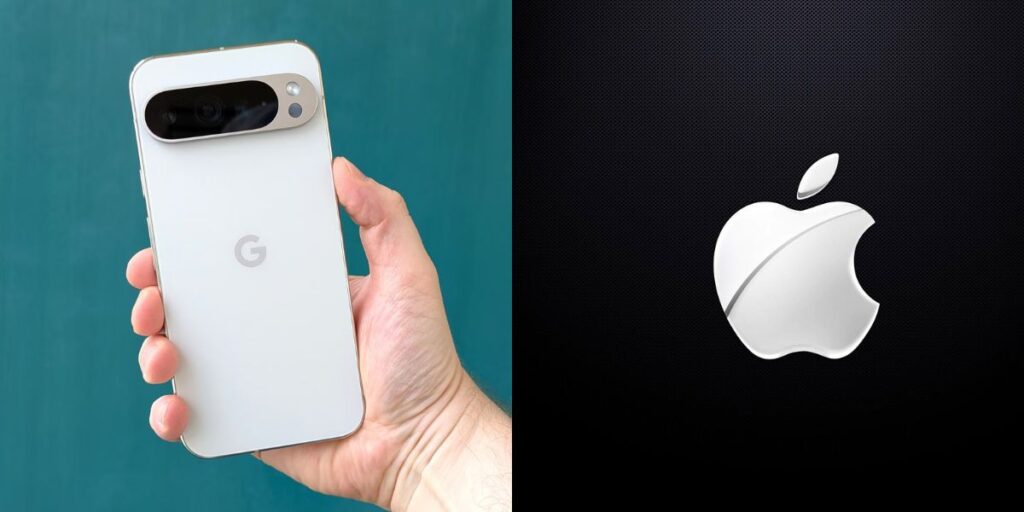 a collage of two images showing a google phone and iphone side by side. A photo trying to remind people of the september tech launches by the big brands.