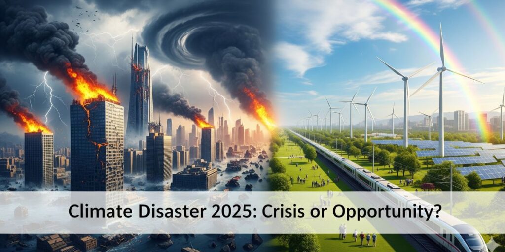 An ultra-realistic, surreal landscape image symbolizing climate disaster 2025. The image is split in half. The left side depicts a futuristic city collapsing under floods and raging wildfires, with a stormy, dark sky overhead. The right side shows a vision of hope and resilience, with the same city thriving with green energy, lush parks, and clear blue skies. The two halves blend to form a powerful visual contrast, serving as a compelling feature banner for a blog.