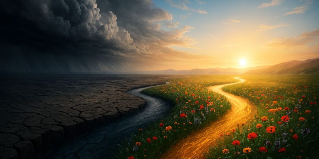 A surreal 8K landscape shows a dramatic transformation from a stormy, cracked riverbed on the left to a vibrant, sunlit meadow of wildflowers on the right. The winding path symbolizes hope and healing, visually representing the theme of Changing the Narrative on Suicide through nature’s shift from despair to renewal. The sky transitions from dark clouds to golden light, creating a powerful emotional contrast.