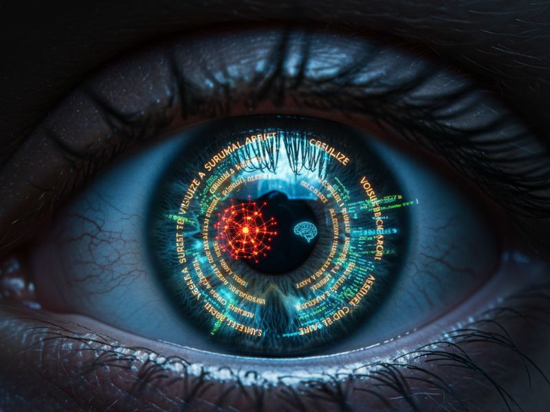 Close-up of a human eye infused with glowing circuits and a red core—symbolizing the hidden intelligence and perception behind ChatGPT Prompt Secrets