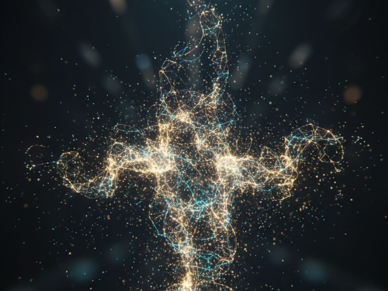 Glowing golden cross of light particles forms a neural network—representing the spiritual symmetry and innovation behind today’s best AI tools."