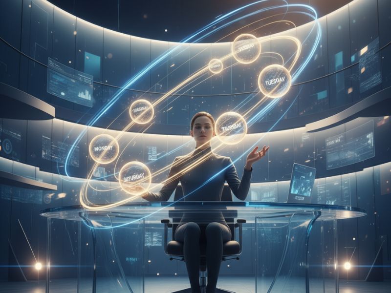 "Individual interacting with circular holograms in a high-tech workspace—depicting task management and workflow optimization in Notion AI use cases."