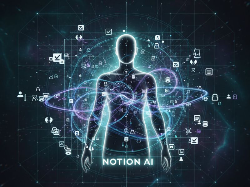 "Humanoid figure surrounded by holographic data and digital symbols—illustrating advanced productivity and automation in Notion AI use cases."
