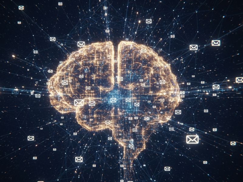 Futuristic digital brain network infused with glowing email icons, representing neural-level AI email automation and smart communication flow.