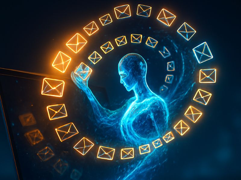 Translucent AI figure surrounded by a luminous spiral of email icons, symbolizing seamless AI email automation and intelligent message orchestration.