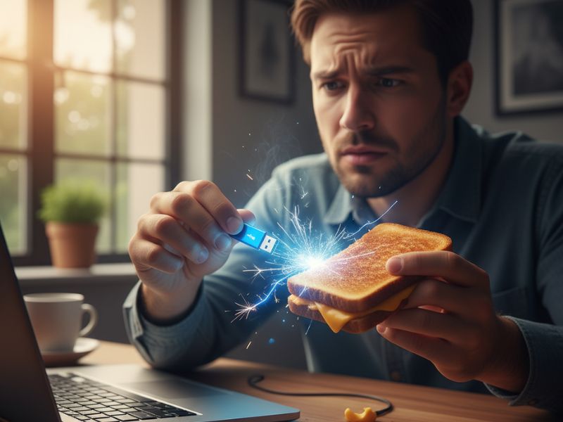 a man inserting a cable into a sandwich, tells about common and funny mistakes people make, and this one is for ai data labelling