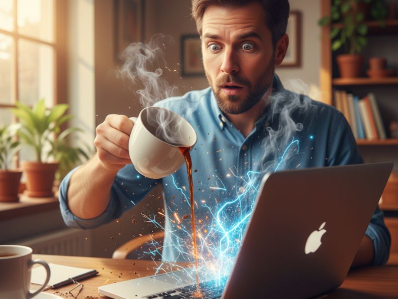 a man pouring hot steaming coffee over his laptop, this image tries to tell how common and mindless mistakes people can make, and this one is for salesforce AI features