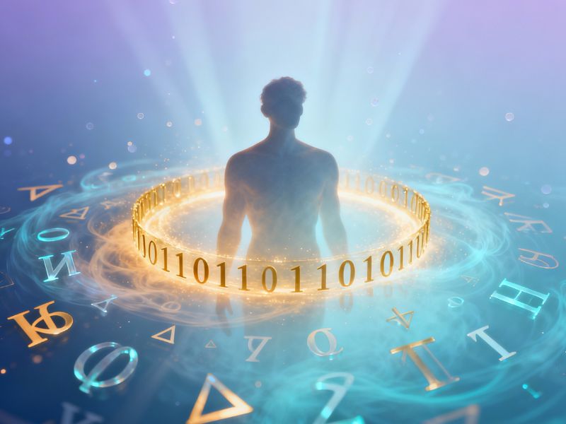 Human silhouette surrounded by a halo of binary code and floating symbols—representing the mystical decoding of ChatGPT Prompt Secrets and digital transformation.