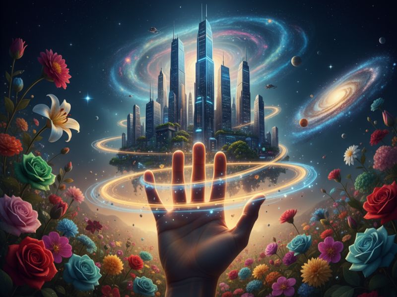 Floating platforms and rainbow trails beneath a cosmic sky—representing surreal composition techniques in DALL-E 3 guide."