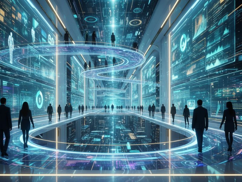 Expansive digital environment with luminous pathways and holographic panels, illustrating an immersive AI breakthrough in augmented reality and spatial computing