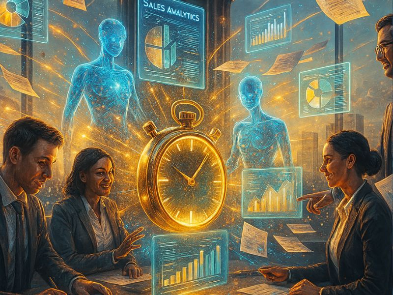 Retail professionals engaging with floating holograms and a central stopwatch, visualizing AI for retail accelerating performance, sales tracking, and real-time insights.