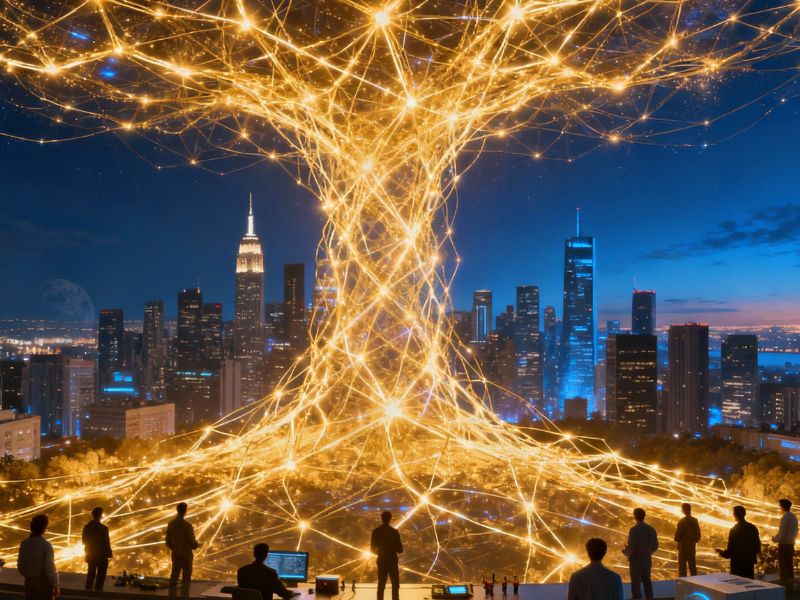 Golden tree-like network of light branching across a futuristic city, visualizing an AI breakthrough in neural connectivity and decentralized data flow.