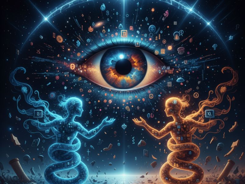 "Realistic eye with glowing iris and humanoid energy forms—evoking perception, awareness, and the intelligent vision behind Gemini AI updates."