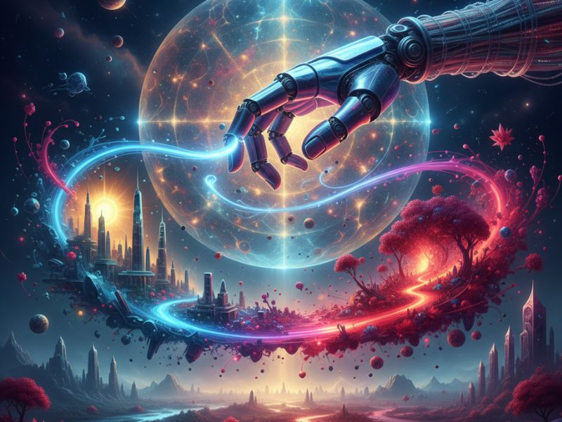 Human figure diving through swirling cosmic light trails and planets—symbolizing imaginative AI artwork creation and viral AI images."