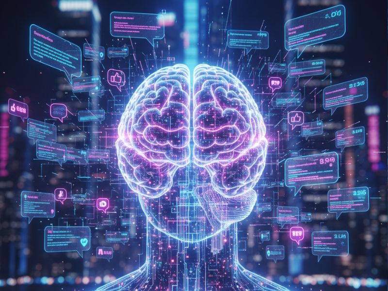 Glowing neural brain encircled by data streams and interface icons, representing the cognitive depth and real-time responsiveness of an AI chat assistant in processing complex queries.