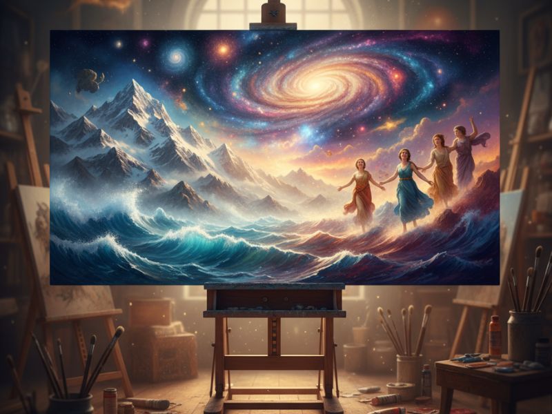 "Two individuals admiring a galaxy painting in a warm-lit room—depicting emotional storytelling through AI artwork creation and viral AI images."
