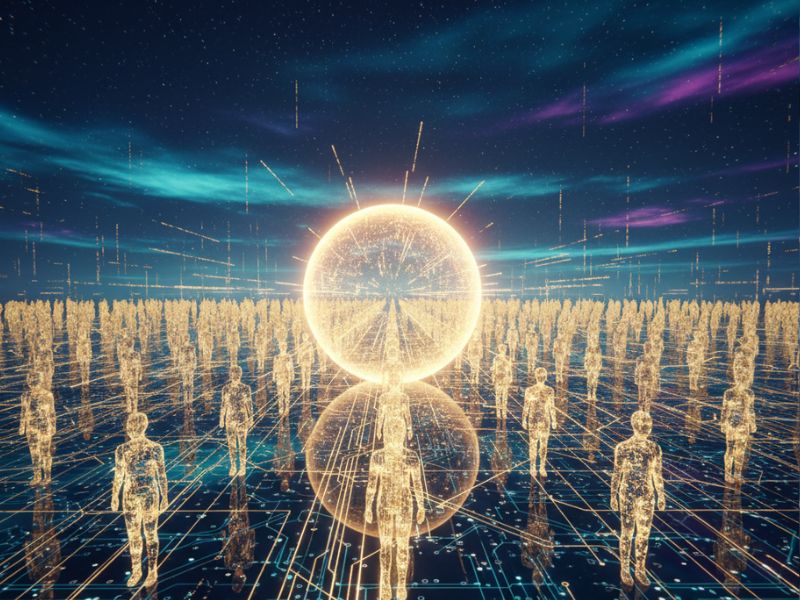 Radiant orb hovering over a network of humanoid figures on a digital grid, symbolizing the centralized power of AI sales intelligence guiding team strategy and performance.