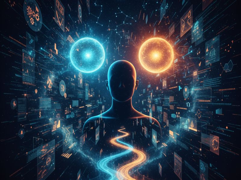 "Glowing orbs above a humanoid figure in a futuristic city—representing digital observation and the evolving intelligence of Gemini AI updates."