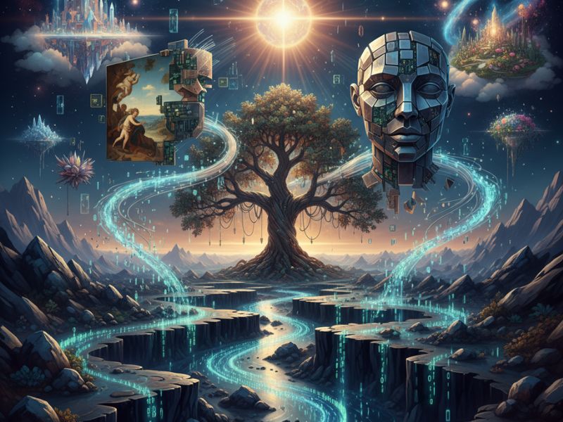 "Mystical landscape with glowing tree and celestial faces in the sky—representing mythic symbolism in AI artwork creation and viral AI images."